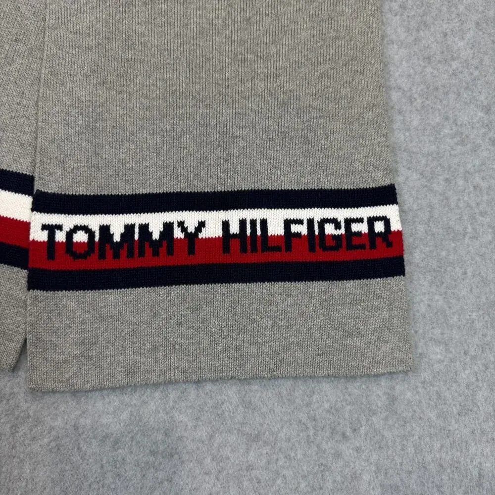 Tommy Hilfiger Gray Knit Scarf Logo Stripe One Size 72